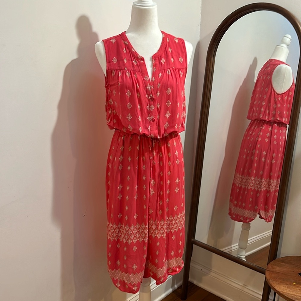 Gap hot pink dress medium sleeveless tie waist side slits v neck button front